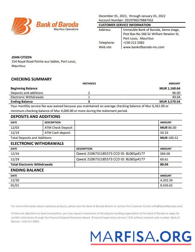 Blank Mauritius Bank of Boroda bank statement word download for verification